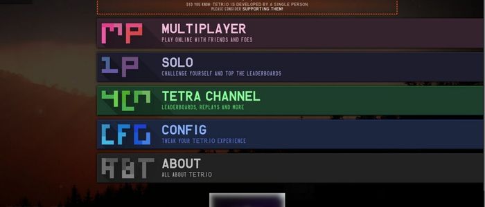 Menu screen for a video game with options: Multiplayer, Solo, Tetra Channel, Config, and About. Each has a colored icon and brief description.