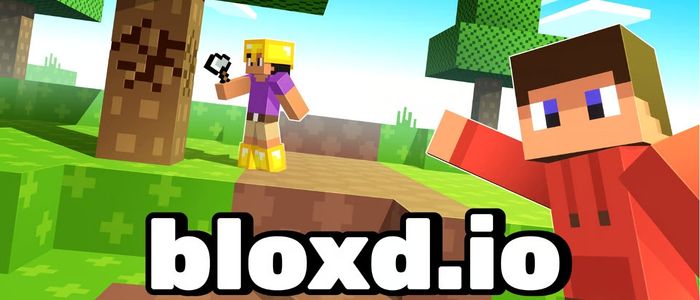 Blocky game scene with two pixelated characters outdoors, one with yellow armor holding a tool near a tree, another in red waving. Text reads “bloxd.io.” Bright, playful atmosphere.