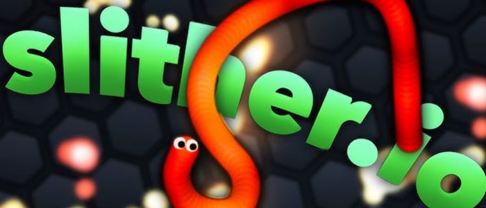 Colorful game logo with a cartoon red snake winding through bold green text "slither.io" on a dark, honeycomb-patterned background. Playful, energetic tone.