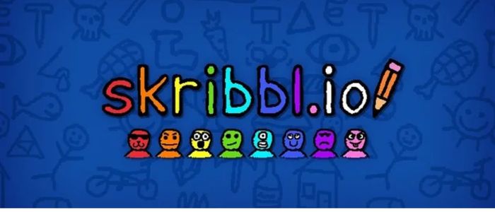 Colorful "skribbl.io" text with a cartoon pencil on a blue doodle background. Below are rainbow-hued cartoon faces expressing varied emotions. Playful tone.