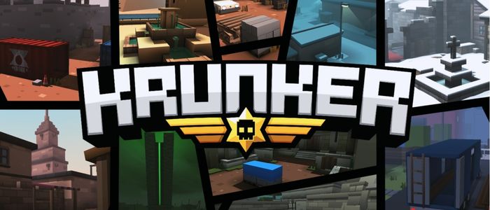 Alt text: "Krunker logo prominently displayed, surrounded by colorful game scenes featuring pixelated urban and industrial environments, conveying an adventurous tone."
