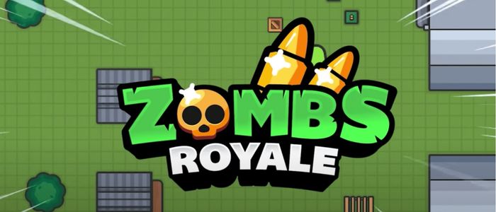 Zombs Royale game logo with green text and bullet graphics over a grid map. Background features trees and buildings, conveying a playful battle theme.