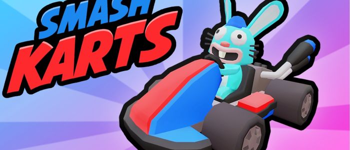 Cartoon rabbit driving a colorful go-kart, appearing excited. "Smash Karts" is in bold, dynamic letters. The background has a vibrant gradient.