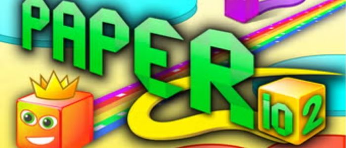 Colorful cover art for the game "Paper.io 2" featuring bold, green 3D letters, a smiling crowned cube, and vibrant rainbow trails. Playful and lively tone.